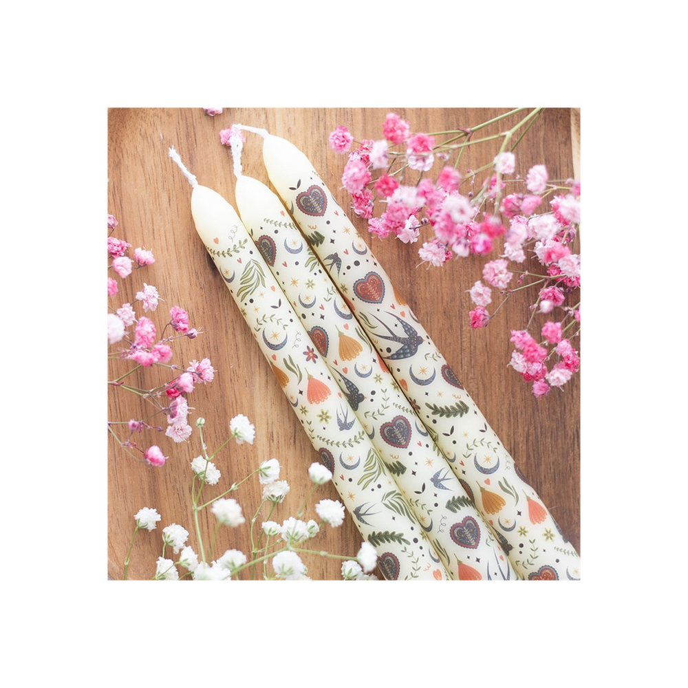 Set of 3 Cream Midnight Bloom Print Taper Candles