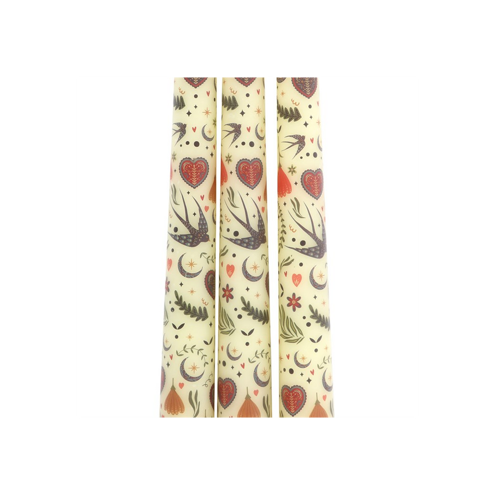 Set of 3 Cream Midnight Bloom Print Taper Candles