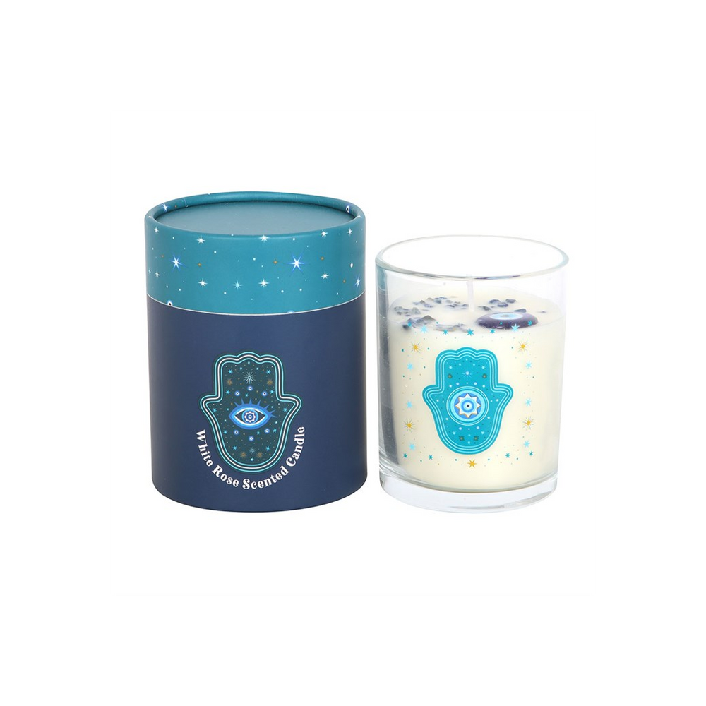 Hand of Hamsa White Rose Candle with Crystals